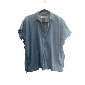Madewell Small Top Ruffle Sides Shirt Blue Button Up Collared Linen Cotton #5813